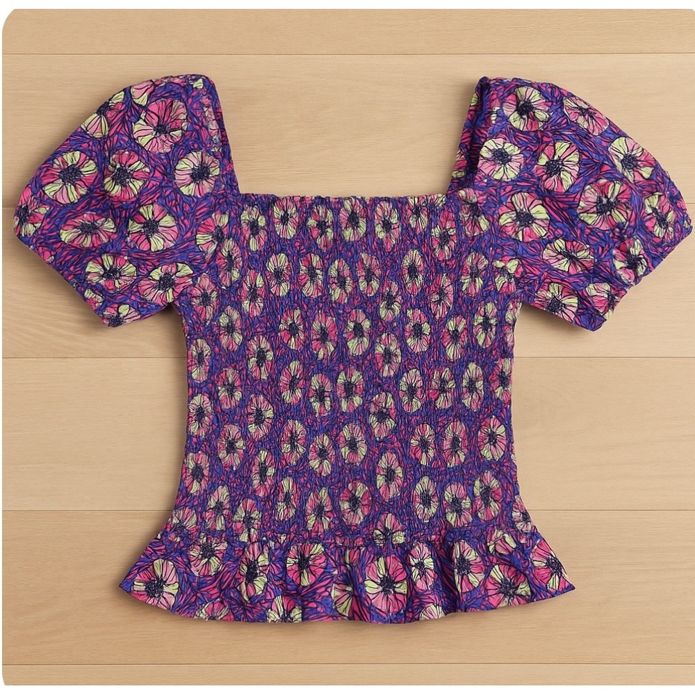 Vince Camuto Size 12 Floral‎ Smocked Peplum Top Square Neck Puff Sleeve Blouse